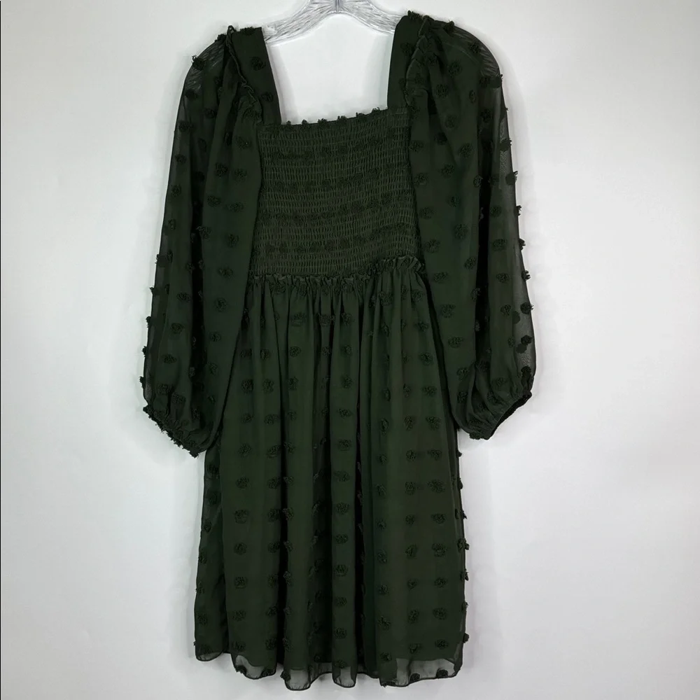 BTFBM Green Square Neck Smocked Swiss Dot Mini Boho Dress Size Small